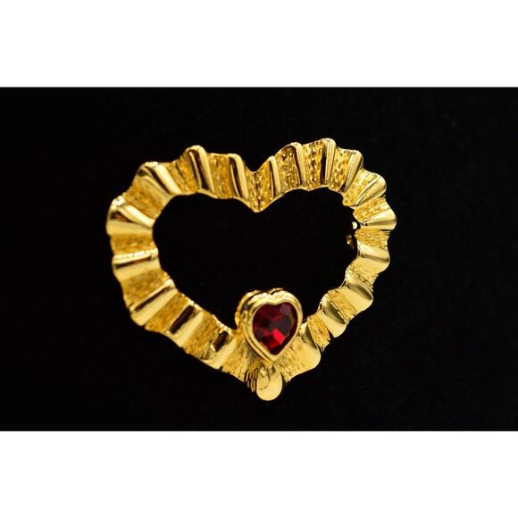 Vintage Heart Pin Brooch Red Rhinestone Crystal Gold Statement 1980s Bin1 - Picture 5 of 11